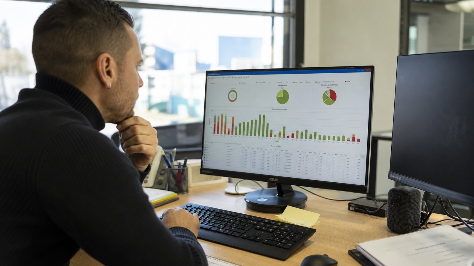 Responsable d'auto-école analysant les indicateurs de réussite sur un tableau de bord