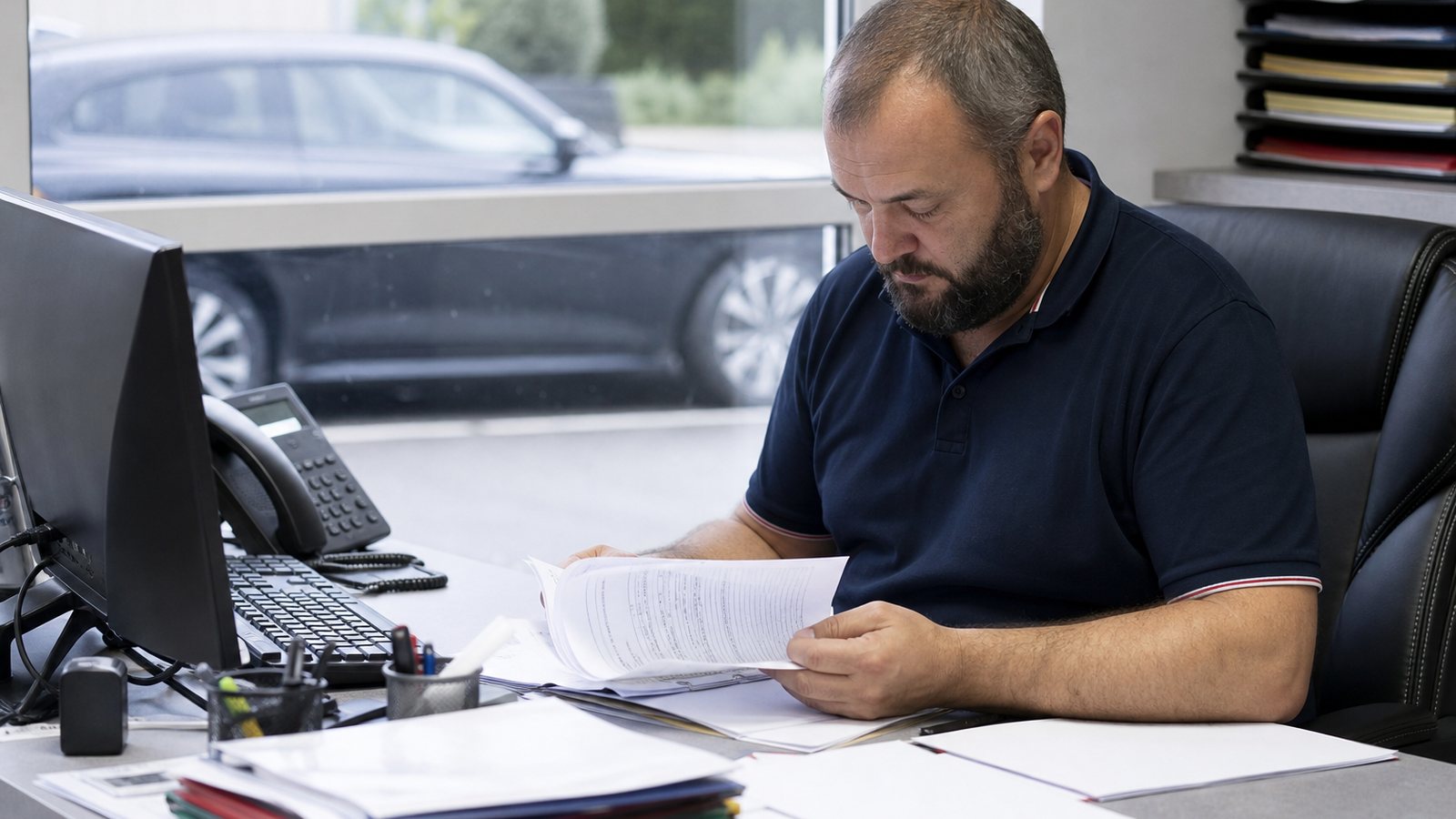 Gérante d'auto-école examinant le dossier de formation d'un élève venu d'un autre établissement
