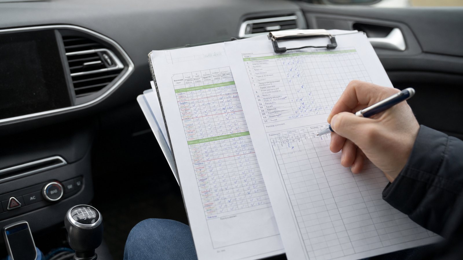 Moniteur enregistrant la durée d'une leçon juste après la séance dans la voiture